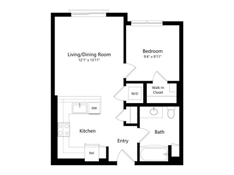 Floor plan for 1 bed, 1 bath, 550 sqft
